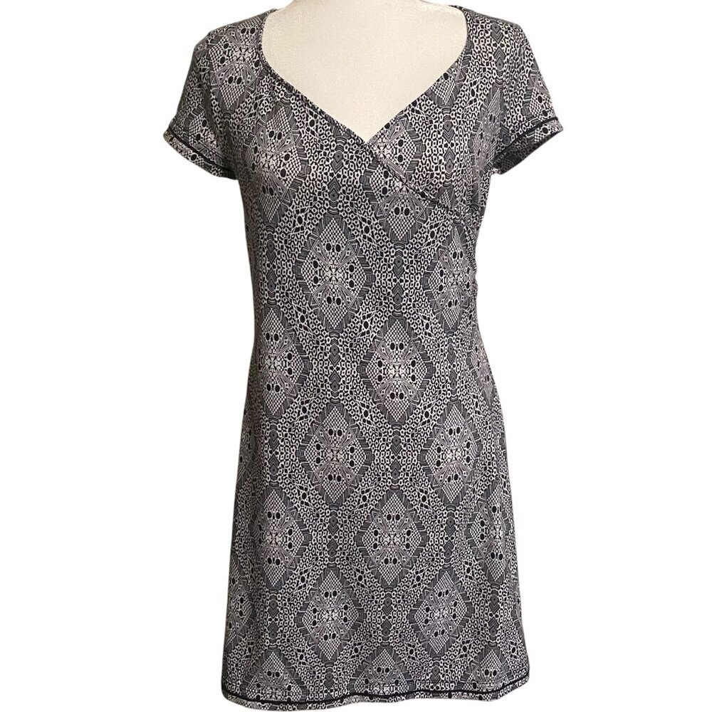 PrAna‎ Victoria Faux Wrap Dress Black White Geometric V-Neck Short Sleeve Size S
